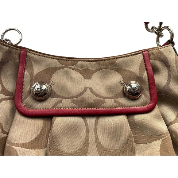 Y2K Coach Signature Shoulder Bag 13833 Tan "C" Canvas Red Leather Trim Hobo Logo - Picture 2 of 13